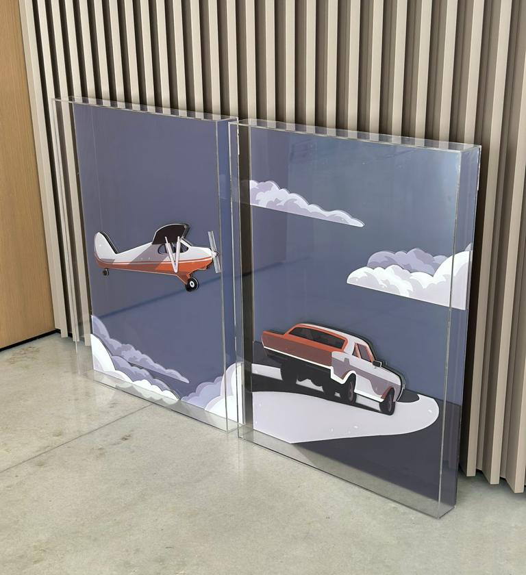 Cuadro 3D auto y avión impreso en acrílico