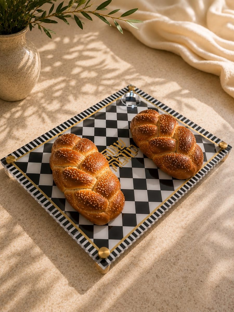 Jala board de Rosh Hashaná en acrílico con damero blanco y negro con filetes dorados, hecho en Panamá