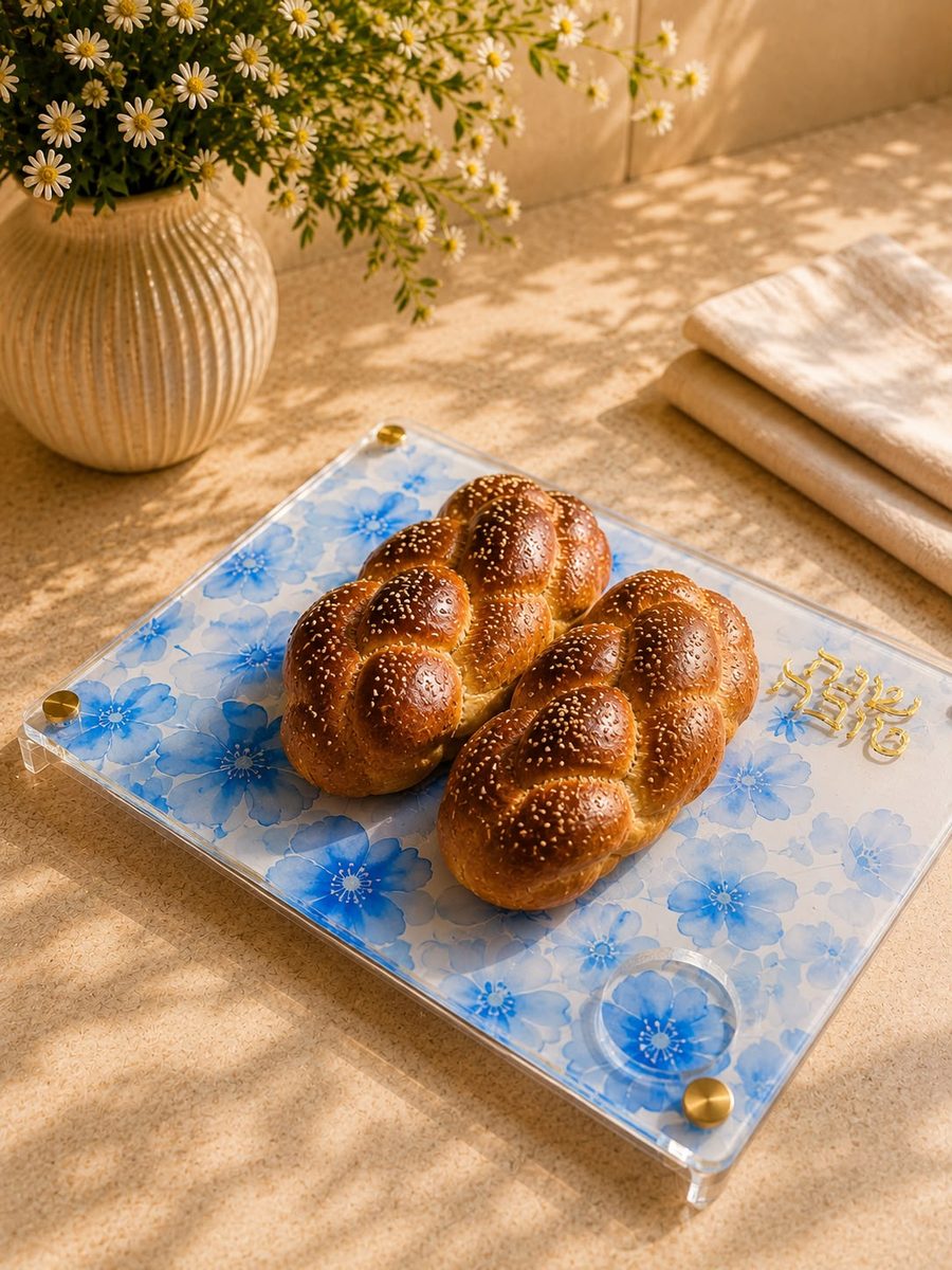 Jala board de Rosh Hashaná en acrílico con flores azules en acuarela sobre blanco, hecho en Panamá