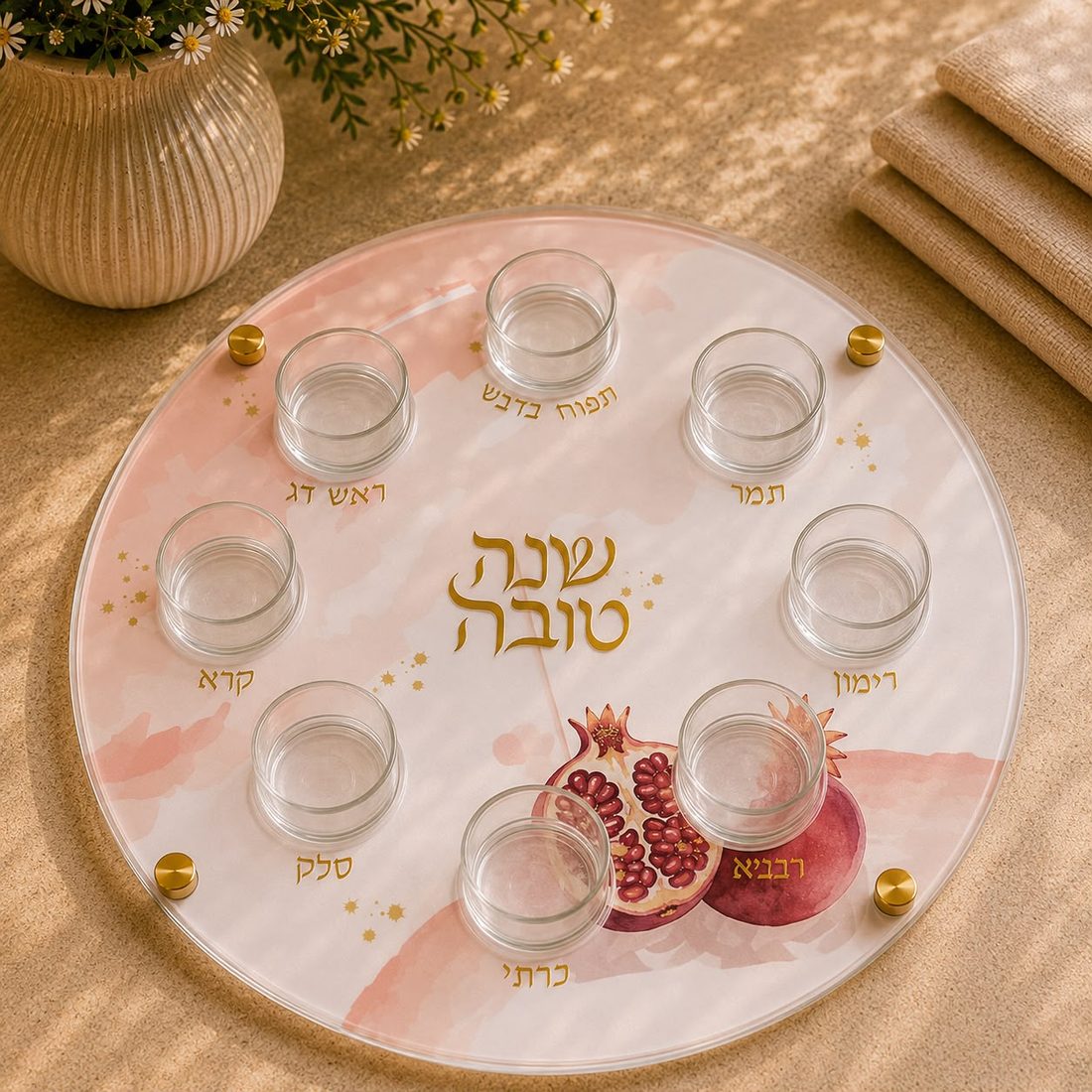 Plato de simanim redondo de Rosh Hashaná en acrílico con ocho copitas de vidrio y diseño de granadas en acuarela sobre rosa empolvado, hecho en Panamá