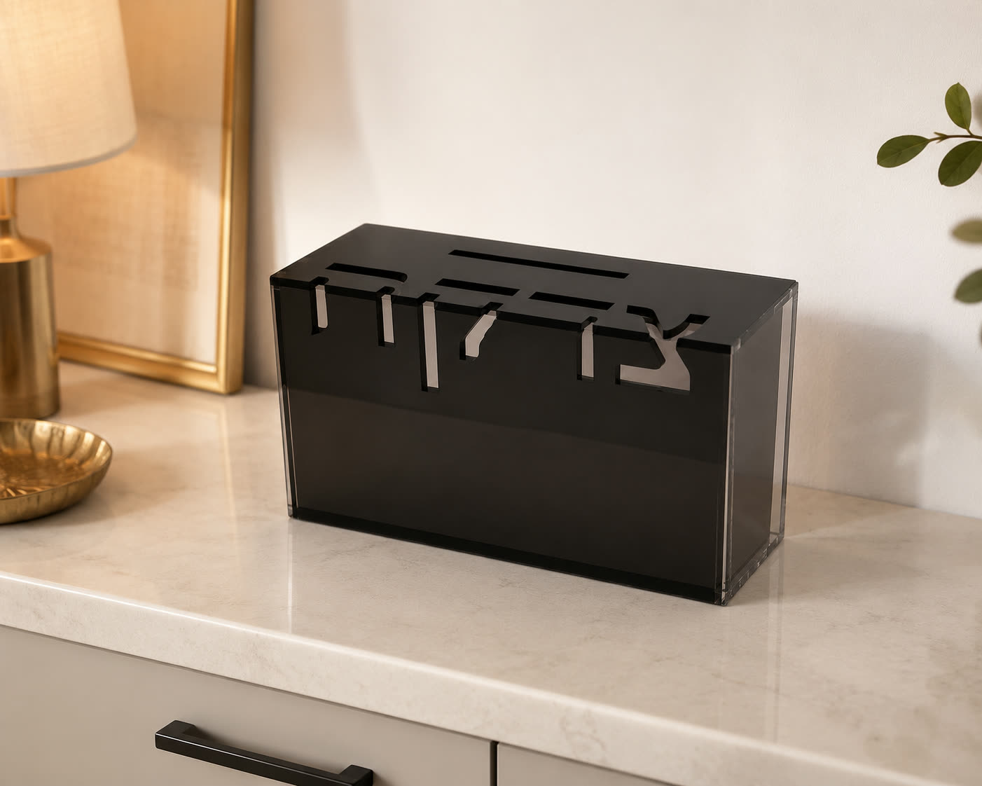 Caja de tzedaká en acrílico negro personalizada, judaica en Panamá
